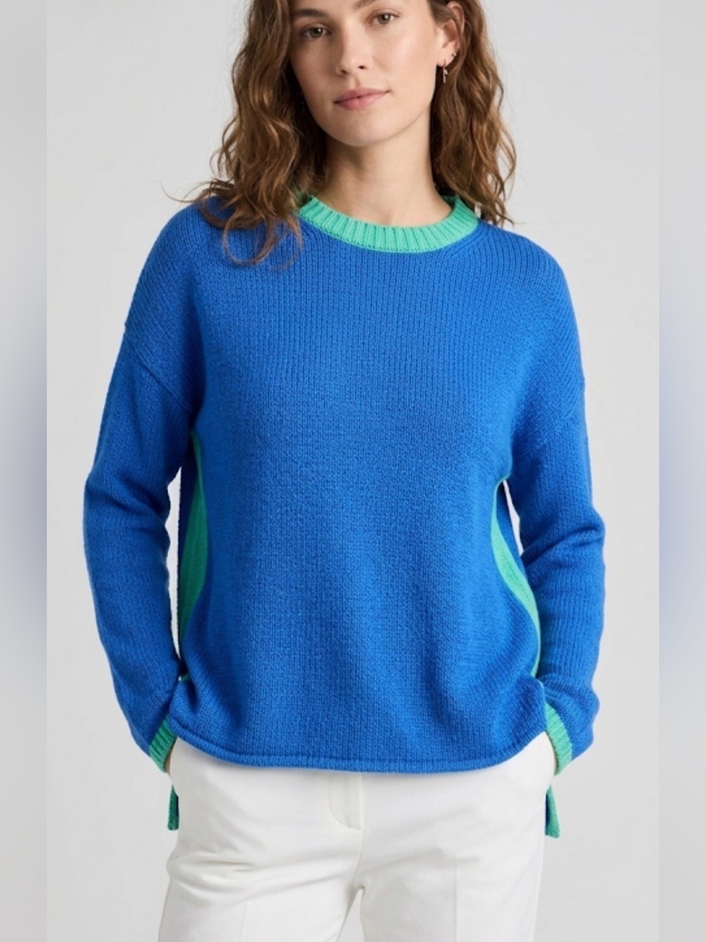 HIHO Relaxed Crew Chunky Knit Colorblock Sweater Blue Green Medium